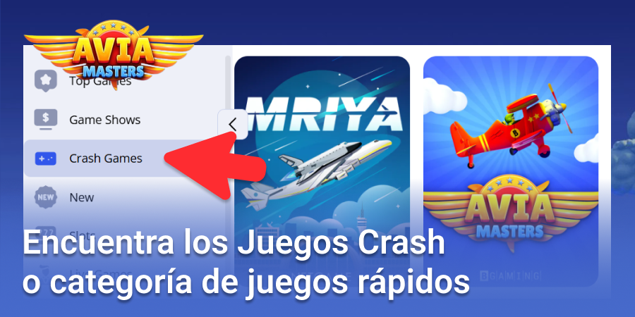 Abre la pestaña Casino y busca la categoría Crash Games, en la que se encuentra Aviamasters