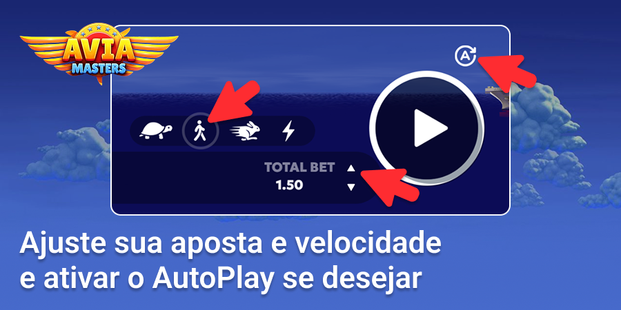 Ajuste sua aposta e velocidade no jogo Aviamasters e habilite o jogo automático